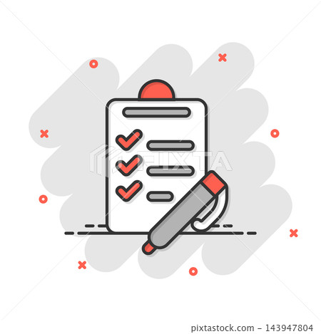 To do list icon in comic style. Document checklist cartoon vector illustration on white isolated background. Notepad check mark splash effect business concept. To do list icon in comic style. Document checklist cartoon vector illustration on white isolated background. Notepad check mark splash effect business concept. 143947804