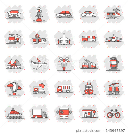 Transport icon set in comic style. Car vector cartoon collection illustration on white isolated background. Shipping transportation splash effect business concept. 143947897