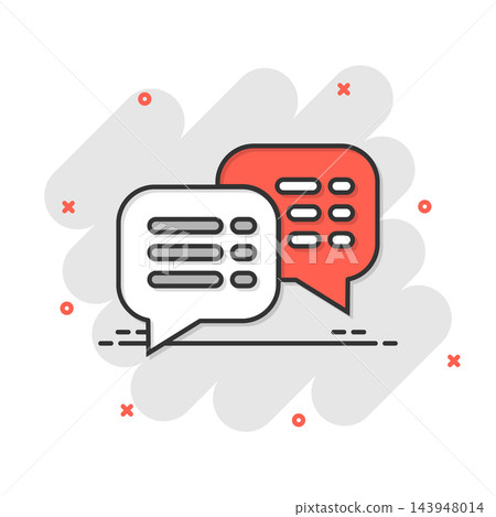 Speak chat sign icon in comic style. Speech bubbles cartoon vector illustration on white isolated background. Team discussion button splash effect business concept. Speak chat sign icon in comic style. Speech bubbles cartoon vector illustration on white isolated background. Team discussion button splash effect business concept. 143948014