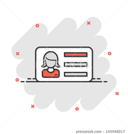 Women id card icon in comic style. Identity tag cartoon vector illustration on white isolated background. Driver licence splash effect business concept. Women id card icon in comic style. Identity tag cartoon vector illustration on white isolated background. Driver licence splash effect business concept. 143948017