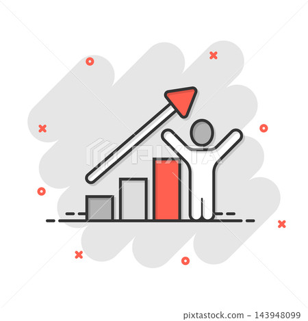 People with growth arrow icon in comic style. Work strategy cartoon vector illustration on white isolated background. Office training splash effect business concept. People with growth arrow icon in comic style. Work strategy cartoon vector illustration on white isolated background. Office training splash effect business concept. 143948099