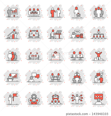 Business communication icon set in comic style. Team structure cartoon vector illustration on white isolated background. Office teamwork splash effect business concept. Business communication icon set in comic style. Team structure cartoon vector illustration on white isolated background. Office teamwork splash effect business concept. 143948103