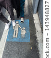 Blue pedestrian walkway marking beneath footwear during walk 143948827