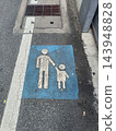 Pedestrian safety sign marking on weathered pavement beside roadside drain 143948828