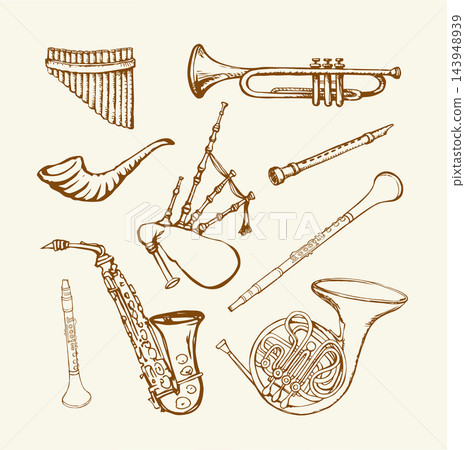 Vector drawing. Wind musical instruments Vector drawing. Wind musical instruments 143948939