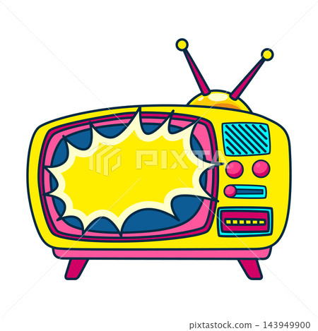 Comic retro tv icon in pop art retro comic style. Cartoon vintage 70s, 80s television. Vector illustration Comic retro tv icon in pop art retro comic style. Cartoon vintage 70s, 80s television. Vector illustration 143949900