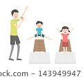 Children jumping over vaulting boxes in gymnastics class 143949947
