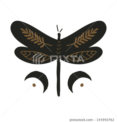 Mystical dragonfly illustration with crescent moon and botanical branch wings on white background Mystical dragonfly illustration with crescent moon and botanical branch wings on white background 143950762