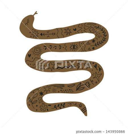 Mystical snake illustration with esoteric symbols, stars, eye, and botanical patterns on white background 143950866