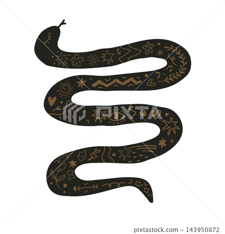 Mystical snake illustration with esoteric symbols, stars, eye, and botanical patterns on white background Mystical snake illustration with esoteric symbols, stars, eye, and botanical patterns on white background 143950872