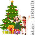 Christmas Tree with Happy Children Celebrating Holiday Season and Colorful Gift Boxes in Cute Cartoon Illustration 143951226