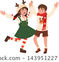 Merry Christmas Children Illustration Cheerful Boy and Girl in Cute Festive Winter Costumes Raising Hands and Celebrating Christmas Holiday Together 143951227