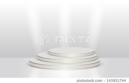 Elegant white circular podium with champagne gold trim for luxury product display Elegant white circular podium with champagne gold trim for luxury product display 143952744