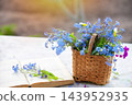 Bright blue flowers in a woven basket next to an open book on a table outdoors 143952935