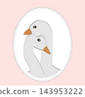 Cute goose couple in cute oval shape frame with stylized decorative stitches. Sewed textile patch decoration detail, vector isolated illustration 143953222