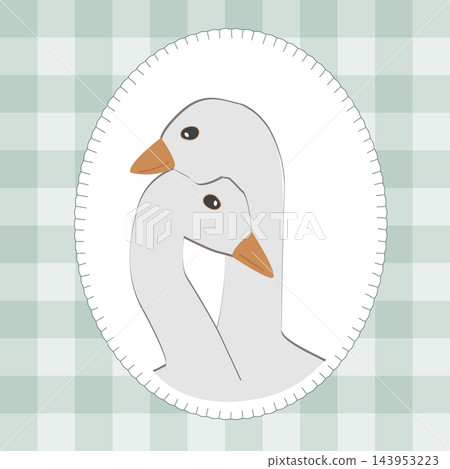 Cute goose couple in cute oval shape frame with stylized decorative stitches on the checkered fabric background. Sewed textile patch decoration detail, vector isolated illustration. Cute goose couple in cute oval shape frame with stylized decorative stitches on the checkered fabric background. Sewed textile patch decoration detail, vector isolated illustration. 143953223