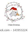 Funny white angry unfriendly goose in Santa hat in a string lights frame. Vector isolated illustration. 143953224