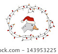 Funny white angry unfriendly goose in Santa hat in a string lights frame. Vector isolated illustration. 143953225