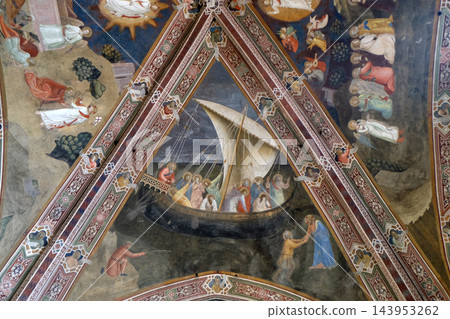Voyage of Saint Peter, Fresco by Andrea de Buonaiuto, on the ceiling of the Cappellone degli Spagnoli in Santa Maria Novella Principal Dominican church in Florence, Italy Voyage of Saint Peter, Fresco by Andrea de Buonaiuto, on the ceiling of the Cappellone degli Spagnoli in Santa Maria Novella Principal Dominican church in Florence, Italy 143953262
