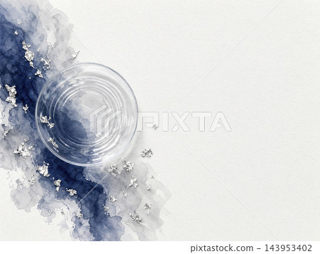 The shimmering of the glass plate, the overlapping silver leaf and indigo watercolors against a white Japanese paper background. 143953402
