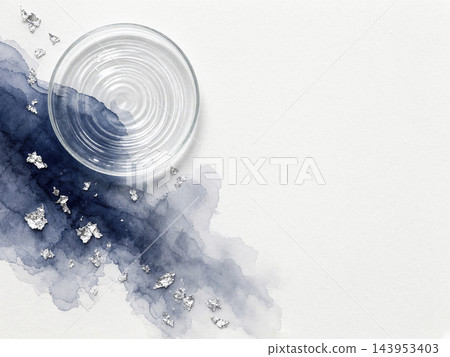 The shimmering of the glass plate, the overlapping silver leaf and indigo watercolors against a white Japanese paper background. The shimmering of the glass plate, the overlapping silver leaf and indigo watercolors against a white Japanese paper background. 143953403