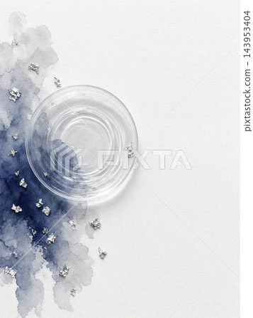 The shimmering of the glass plate, the overlapping silver leaf and indigo watercolors against a white Japanese paper background. The shimmering of the glass plate, the overlapping silver leaf and indigo watercolors against a white Japanese paper background. 143953404
