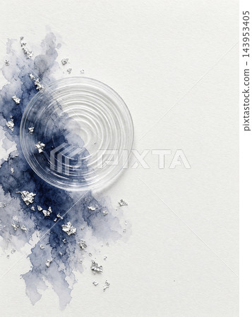 The shimmering of the glass plate, the overlapping silver leaf and indigo watercolors against a white Japanese paper background. The shimmering of the glass plate, the overlapping silver leaf and indigo watercolors against a white Japanese paper background. 143953405