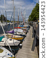 Vertical perspective of sailboat harbor marina wooden pier boardwalk moored yachts tall masts quayside wooden posts overcast sky Veere Zeeland Netherlands European travel commercial 143954423