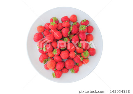 Fresh strawberries on ceramic plate, isolated on white background. Farmers berries. Top view. Fresh strawberries on ceramic plate, isolated on white background. Farmers berries. Top view. 143954528