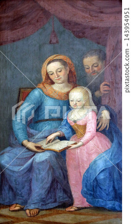 Blessed Virgin Mary with her parents St. Anne and St. Joachim, altarpiece in parish Church of the Immaculate Conception of the Virgin Mary in Lepoglava, Croatiaa 143954951
