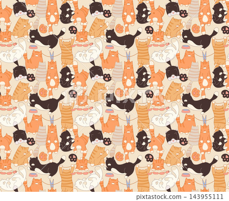 Cute seamless pattern featuring playful cartoon cats in funny poses. This charming vector background is ideal for nursery textiles, wrapping paper, wallpaper, and pet decor. Cute seamless pattern featuring playful cartoon cats in funny poses. This charming vector background is ideal for nursery textiles, wrapping paper, wallpaper, and pet decor. 143955111