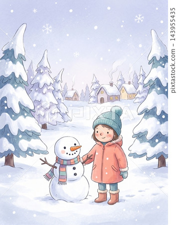 Child and snowman sharing a cheerful winter moment in a snowy village scene Child and snowman sharing a cheerful winter moment in a snowy village scene 143955435