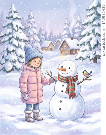 Child smiling beside cheerful snowman in winter village scene with bird perched nearby Child smiling beside cheerful snowman in winter village scene with bird perched nearby 143955436