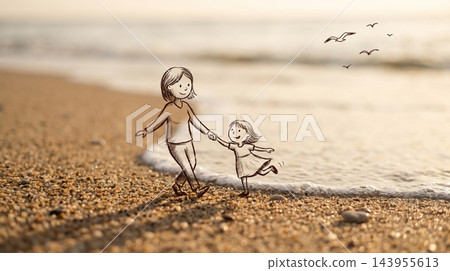 Hand in hand coastal stroll between adult and child on pebbled shore at golden hour Hand in hand coastal stroll between adult and child on pebbled shore at golden hour 143955613