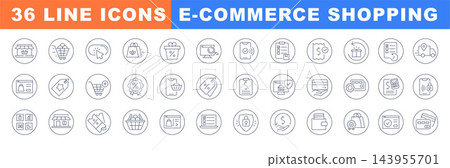 E-commerce shopping round line icons, 36 symbols for store, cart, checkout, payment and delivery. Outline badges in circles for online shop apps, websites and buttons, editable stroke. E-commerce shopping round line icons, 36 symbols for store, cart, checkout, payment and delivery. Outline badges in circles for online shop apps, websites and buttons, editable stroke. 143955701