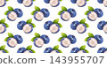 Seamless watercolor blueberry pattern with sliced fruit and green leaves 143955707