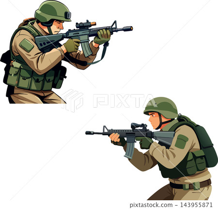 Two soldiers aiming with rifles during combat mission Two soldiers aiming with rifles during combat mission 143955871