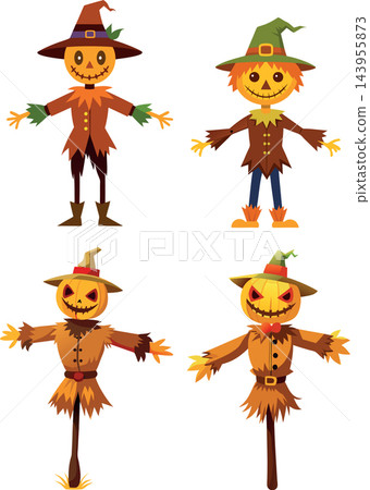 Four halloween pumpkin scarecrow wearing old clothes and hat standing posing Four halloween pumpkin scarecrow wearing old clothes and hat standing posing 143955873