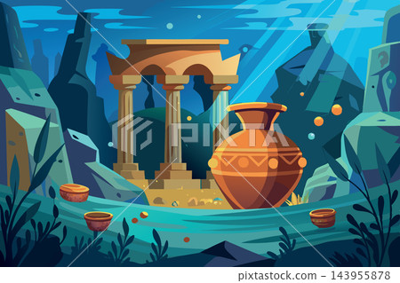 Ancient greek or roman city flooded after natural disaster at sunset Ancient greek or roman city flooded after natural disaster at sunset 143955878