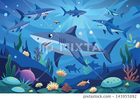Cartoon sharks swimming peacefully in ocean depths illustration 143955892
