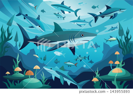 Cartoon sharks swimming peacefully in ocean depths illustration- Cartoon sharks swimming peacefully in ocean depths illustration- 143955893