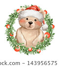 Cute Teddy Bear Christmas Illustration with Santa Hat and Evergreen Wreath 143956575
