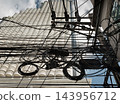 An evocative perspective on metropolitan growth, showcasing a thick, chaotic tangle of black electrical and communication cables slicing through the frame against a pristine white high-rise building. 143956712