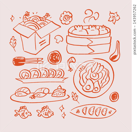 Asian street food hand drawn terracotta doodle set. Imperfect sketch of wok noodles, dim sum and shrimp. Spicy cuisine vector illustration in rough line art style. 143957262