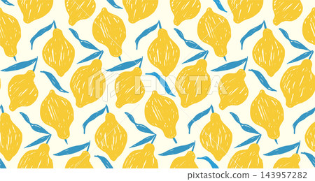 Hand drawn Amalfi lemons seamless pattern, rustic Mediterranean citrus fruit repeat with naive brush texture, playful yellow and blue illustration background for fresh summer graphics joyful designs Hand drawn Amalfi lemons seamless pattern, rustic Mediterranean citrus fruit repeat with naive brush texture, playful yellow and blue illustration background for fresh summer graphics joyful designs 143957282