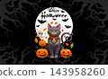 Halloween background of black cat and full moon, dead tree and branches silhouette, creepy flying Bats and Spooky Moonlit Sky, vector illustration festive banner of the night of horrors 143958260