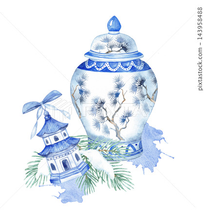 Watercolor chinoiserie Christmas ginger jar decorated with pine trees, porcelain pagoda ornament and snowy branch isolated Watercolor chinoiserie Christmas ginger jar decorated with pine trees, porcelain pagoda ornament and snowy branch isolated 143958488