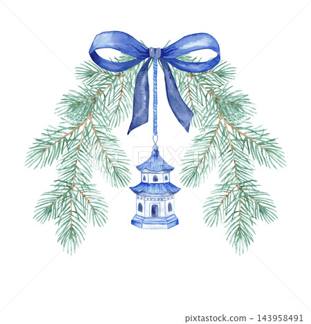Watercolor chinoiserie Christmas pine branches with big blue bow and hanging porcelain pagoda ornament isolated 143958491
