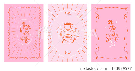 Galentine's Day card set with bow heels, coffee cups, croissants and a rose in a vase. Hand drawn vector line art with script lettering, pink backgrounds and orange details for friendship celebration. Galentine's Day card set with bow heels, coffee cups, croissants and a rose in a vase. Hand drawn vector line art with script lettering, pink backgrounds and orange details for friendship celebration. 143959577