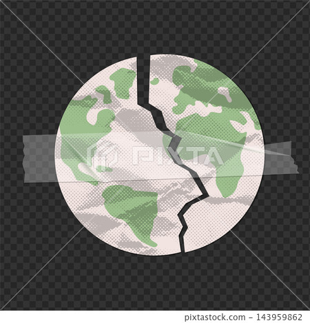 Broken planet earth taped together with transparent clear tape, halftone distressed globe vector illustration symbolizing fragile world climate crisis and hope to repair global problems Broken planet earth taped together with transparent clear tape, halftone distressed globe vector illustration symbolizing fragile world climate crisis and hope to repair global problems 143959862